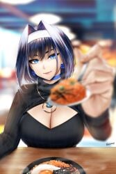 bangs black_sweater blue_choker blue_eyes blue_hair blurry blurry_background blurry_foreground bow bow_earrings breasts choker cleavage cleavage_cutout clothing_cutout depth_of_field earrings easonx female hair_between_eyes hair_intakes hairband highres holding holding_spoon hololive hololive_english hololive_english_-council- hololive_english_-promise- incoming_food jewelry large_breasts long_sleeves looking_at_viewer medium_hair necklace ouro_kronii parted_lips signature solo spoon sweater turtleneck turtleneck_sweater upper_body virtual_youtuber white_hairband