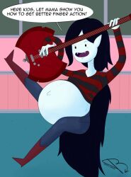 1girls adventure_time axe baby_bump bass_guitar black_hair blue_carpet blue_jeans blush breasts_on_belly demon_girl fangs floating full_body guitar huge_belly hyper_pregnancy indoors long_hair long_sleeves marceline marceline_abadeer musical_instrument noodle_arms open_mouth outie_navel penciljunkie pregnant pregnant_belly pulled_up_shirt ready_to_pop red_boots solo speech_bubble striped_clothes vampire vampire_bite weapon