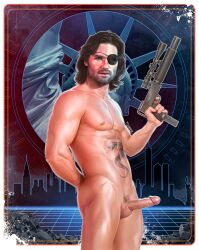 brown_hair celebrity circumcised erect_penis erection escape_from_new_york eye_patch fuhrerdoodles gun hard_on kurt_russell long_hair male male_only muscles muscular muscular_male snake_plissken solo_male tattoos