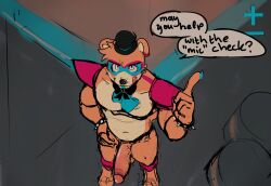 absurd_res animatronic anthro blue_claws bow_tie bracelet brown_body brown_fur claws clothing dialogue english_text five_nights_at_freddy's five_nights_at_freddy's:_security_breach fur genitals gesture glamrock_freddy_(fnaf) glans hand_on_hip hat headgear headwear hi_res high-angle_view humanoid_genitalia humanoid_penis jewelry licking licking_lips licking_own_lips looking_at_viewer maceduu machine male male_only mammal penis raised_finger raised_index_finger robot scottgames self_lick shoulder_pads solo speech_bubble spiked_bracelet spikes text tongue tongue_out top_hat ursid vein veiny_penis video_games