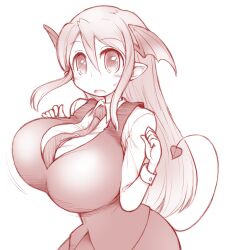 blush bouncing_breasts breasts demon_tail female female head_wings highres huge_breasts koakuma long_hair looking_at_viewer monochrome necktie open_mouth pointy_ears shirt simple_background solo sotto tail touhou vest white_background wings