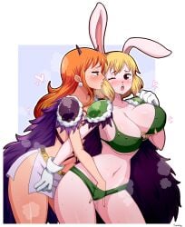 2girls alternate_version_available anthro beast_pirates beast_pirates_(cosplay) big_breasts blush breasts carrot_(one_piece) female female_only fingering fingering_from_behind furry hand_in_panties large_breasts nami one_piece post-timeskip simmsy yuri