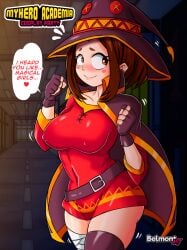 1girls alternate_costume bell belmont blush breasts brown_eyes brown_hair cape cosplay dress embarrassed english_text female female_only hat kono_subarashii_sekai_ni_shukufuku_wo! medium_breasts megumin_(cosplay) minidress my_hero_academia ochako_uraraka short_hair solo text witch_hat