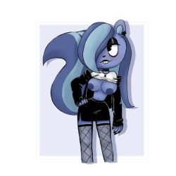 big_breasts big_butt black_eyes black_makeup blue_fur blue_hair fishnet_legwear flashing_breasts fluffy_tail goth goth_girl hair_over_one_eye happy_tree_friends large_hips leather_jacket long_hair miniskirt pac-man_eyes petunia_(htf) skunk smile t-shirt thin_waist unknown_artist