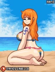 2d ass barefoot beach bikini breasts ear_piercing earrings female female_only james_cabello long_hair looking_at_viewer looking_back nami one_eye_closed one_piece orange_hair outside piercing pixel_art png red_eyes side-tie_bikini sideboob striped_bikini tagme tattoo thighs wariza wink