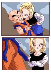 android_18 blonde_female blonde_hair blue_eyes boner bulge comic dragon_ball dragon_ball_z erect_penis erection kiss kiss_on_cheek kissing krillin kuririn unknown_artist