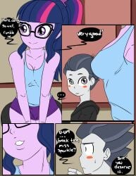 1boy 1girls age_difference blush breasts clothing comic english_text equestria_girls female friendship_is_magic hasbro inuyuru male megane meganekko my_little_pony ponytail purple_eyes purple_skin rumble_(mlp) sci-twi skirt speech_bubble sweatdrop tank_top tutor twilight_sparkle_(mlp)