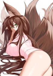 1girls animal_ears ass bottomless breasts brown_hair ears_down esg_(essagna) female fox_ears fox_girl fox_tail green_eyes highres impossible_clothes impossible_sweater kyuubi large_breasts long_hair looking_at_viewer lying multi_tail multiple_tails off_shoulder on_side original plushmallow simple_background solo sweater tail very_long_hair white_background