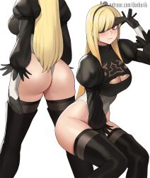 1girls ass blonde_hair cosplay donburikazoku kitagawa_marin nier:_automata nier_(series) red_eyes sono_bisque_doll_wa_koi_wo_suru thighhighs yorha_2b_(cosplay)