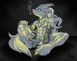 2018 3_toes 5_fingers anthro athletic athletic_anthro athletic_male balls blue_eyes chest_tuft cigarette claws digital_media_(artwork) eyewear feet fingers fluzzbuzz fur genitals glasses grey_penis hi_res humanoid_genitalia humanoid_penis legendary_pokémon lighter looking_at_viewer male mostly_nude navel nintendo nipples nude penis pokémon_(species) pokemon pubes reshiram simple_background sitting smoking solo toe_claws toes tuft video_games white_body white_fur