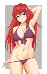 aozaki_aoko arciealbano arm_up armpit big_breasts bikini bikini_pull blue_eyes blush cleavage female female_only hourglass_figure long_hair mahou_tsukai_no_yoru melty_blood purple_bikini red_hair smile solo sweat swimsuit tsukihime type-moon underboob wet_skin wide_hips