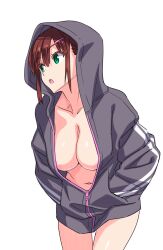 bangs bottomless breasts brown_hair chinatsu_(suzutsuki_kurara) cleavage female female green_eyes hands_in_pockets highres hood hood_up hoodie large_breasts midriff navel no_bra original sidelocks suzutsuki_kurara zipper