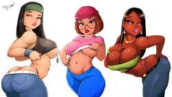 3girls aleksandrgav alternate_breast_size american_dad ass ass_cleavage bandana bare_midriff big_breasts black_eyes black_hair bracelet breasts bubble_butt busty butt_crack cleavage curvaceous curvy dark-skinned_female dark_skin earrings edit eyeshadow family_guy female female_focus female_only fingernails g-string hayley_smith hourglass_figure large_breasts light-skinned_female light_skin lipstick long_hair low_cut_pants makeup meg_griffin multiple_girls nail_polish navel navel_piercing necklace pants piercing pink_nails pinup pinup_pose roberta_tubbs standing tagme tank_top tank_top_lift the_cleveland_show tubetop underboob voluptuous wide_hips young