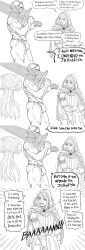 1boy 1girls ass aurelia_(elden_ring) bb_(baalbuddy) big_penis blush bulge bulge_through_clothing comic dark_moon_greatsword dialogue elden_ring embarrassed fromsoftware monochrome moonlight_greatsword muscular_male roderika_(elden_ring) spirit_jellyfish talking_to_viewer tarnished text underwear wholesome