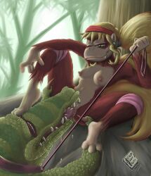 alligator alligatorid anthro barbary_macaque blonde_hair bodily_fluids claws crocodile crocodilian crocodylid diddy_kong_racing dixie_kong donkey_kong_(series) duo fangs female femdom fur hair haplorhine hi_res jungle kong kremling krunch_the_kremling leash male male/female mammal monkey monkey_girl nintendo nintendo_64 nintendo_ds nintendo_ds_family oral oral_penetration penetration primate rare_ltd rareware red_body red_fur reptile saliva scalie sex shesamonkey video_games