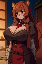 1girls ai_generated big_breasts brown_eyes brown_hair cleavage demihuman erect_nipples female female_only kemonomimi l raccoon_ears raccoon_girl raccoon_tail raphtalia the_rising_of_the_shield_hero