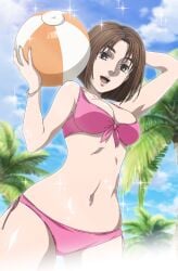 1girls ball beach beach_ball breasts brown_eyes brown_hair female initial_d looking_at_viewer natsuki_mogi palm_tree palms pink_bra pink_panties smile swimwear