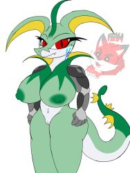 2022 3:4 alpha_channel anthro big_breasts breasts digital_drawing_(artwork) digital_media_(artwork) female flamberry_(artist) genitals green_body hi_res huge_breasts long_ears looking_at_viewer mechanical_arm nintendo nipples nude pokémon_(species) pokemon pussy red_eyes reptile scalie serpentine serperior smile solo video_games watermark white_body