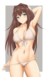 aozaki_aoko arciealbano arm_up armpit big_breasts bikini bikini_pull blue_eyes blush brown_hair cleavage female female_only hair_intakes hourglass_figure long_hair mahou_tsukai_no_yoru smile solo sweat swimsuit tsukihime type-moon underboob wet_skin white_bikini wide_hips