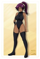 bleach breasts female looking_at_viewer mistowing purple_hair shihouin_yoruichi solo tagme