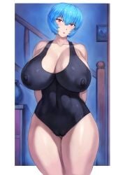 1girls abs ahegao alternate_breast_size areola_bulge areolae arms_behind_back bakunyuu bare_shoulders big_breasts black_swimsuit black_swimwear blue_hair blush blushing_at_viewer border breasts cameltoe cleavage cleft_of_venus collarbone covered_breasts covered_erect_nipples covered_navel covered_pussy curvaceous enormous_breasts erect_nipples erect_nipples_under_swimsuit eye_contact female female_focus female_only hair_between_eyes head_tilt hi_res high_resolution highres huge_breasts impossible_clothes impossible_swimsuit indoors large_breasts looking_at_viewer massive_breasts mogudan neon_genesis_evangelion nipples nipples_bulge one-piece_swimsuit one_piece_swimsuit open_mouth perky_breasts perky_nipples puffy_areola puffy_nipples red_eyes rei_ayanami school_swimsuit shiny shiny_hair shiny_skin short_hair single_female single_girl solo solo_female stairs standing swimsuit thick_thighs upper_body voluptuous white_border