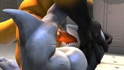 16:9 3d_(artwork) anthro ass canid canine digital_media_(artwork) duo fish fox genitals hammerhead_(petruz) hand_on_head hi_res knot locker_room male male/male mammal marine muscular muscular_anthro muscular_male open_mouth oral penis petruz_(copyright) shark source_filmmaker teeth vein veiny_muscles veiny_penis widescreen wolf_(petruz)