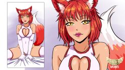 ayumi_(fap_ceo) bedsheets boob_window concept_art fap_ceo fox_ears fox_tail orange_hair pink_lipstick pinup sitting yellow_eyes