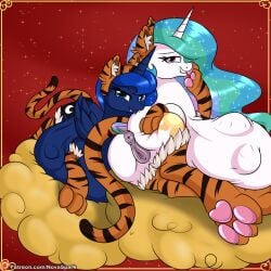 1:1 after_vore alicorn animal_genitalia animal_print animal_pussy anus ass bedroom_eyes belly big_belly blue_body chinese_zodiac clitoral_winking clitoris dock equid equine equine_pussy fake_ears fake_tail fangs female friendship_is_magic genitals hair hasbro hi_res horn hyper hyper_belly long_hair looking_at_viewer looking_back lying mammal my_little_pony narrowed_eyes novaspark paws princess_celestia_(mlp) princess_luna_(mlp) puffy_anus pussy seductive sibling sister sisters stomach_bulge tiger_print vore white_body wings year_of_the_tiger