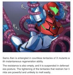 bondage bound bound_ankles bound_arms bound_legs caption clothed description fanfiction femsub metroid metroid_dread power_suit restrained restrained_arms restrained_by_tentacles restrained_legs samus_aran shiva_(tairakuten) tentacle text