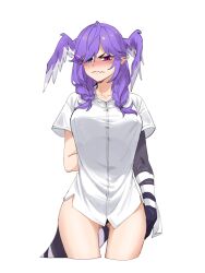 big_breasts dragon_girl dragon_tail head_wings heterochromia nijisanji nijisanji_en no_pants panty_peek purple_hair selen_tatsuki shirt virtual_youtuber