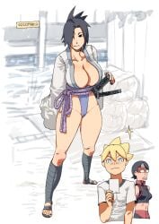 1boy 2girls alternate_version_available bimbo black_eyes black_hair black_nail_polish black_nails black_toenails blonde_hair blue_eyes boots boruto:_naruto_next_generations cameltoe cleavage crop_top east_asian_clothing embarrassed feet female_focus foot_fetish frown gender_transformation hair_over_one_eye knee_boots kneehighs large_breasts legs looking_at_viewer magi mother_and_daughter nail_polish naruto naruto_(series) naruto_shippuden no_panties open_toe_shoes painted_nails painted_toenails perky_breasts pose posing rule_63 sandals sarada_uchiha sasuke_uchiha sasuko sexy_no_jutsu shounen_jump skimpy skimpy_clothes sleeveless_shirt small_breasts spiky_hair standing student sword teacher teacher_and_student thick_thighs thighs toes uzumaki_boruto voluptuous wide_hips