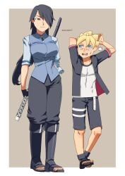 1boy 1girls age_difference belt black_eyes black_hair black_nail_polish black_nails black_toenails blonde_hair blue_eyes boruto:_naruto_next_generations breasts clothed clothing erect_nipples erect_nipples_under_clothes female fingerless_gloves foot_fetish footwear fully_clothed gender_transformation genderswap_(mtf) gloves hair_over_one_eye jacket long_hair magi mature mature_female medium_breasts milf naruto naruto_(series) nipple_bulge open_toe_shoes painted_nails painted_toenails perky_breasts ponytail rule_63 sandals sasuke_uchiha sasuko sexy_no_jutsu shorts shounen_jump standing student sweat sweatdrop sword teacher teacher_and_student teenager tied_hair toes uzumaki_boruto very_long_hair voluptuous