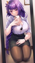 black_bra blush bra bra_peek braid busty cleavage clothing fully_clothed genshin_impact hi_res kneeling milf mirror mirror_selfie nano_(syoutamho) office_lady pantyhose phone purple_eyes purple_hair raiden_shogun reflection selfie skirt thick_thighs