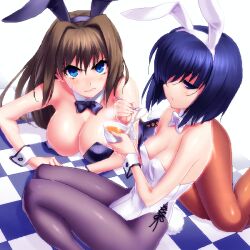 2girls angry annoyed aozaki_aoko big_breasts blue_eyes blue_hair blush bowtie breast_size_difference brown_hair bunny_ears bunny_tail bunnysuit cleavage detached_collar embarrassed female female_only kuonji_alice long_hair looking_at_viewer mahou_tsukai_no_yoru pantyhose pixel_art seiza short_hair sitting small_breasts sweatdrop tsukihime type-moon