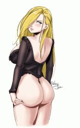 artist_name ass ass_support back backless_outfit blonde_hair blue_eyes breasts closed_mouth clothing cowboy_shot dat_ass female frills from_behind fullmetal_alchemist fullmetal_alchemist_brotherhood g-string hair_over_one_eye hand_on_ass highres large_breasts lips long_hair long_sleeves looking_back no_pants olivier_mira_armstrong relaxjon simple_background solo standing thong underwear voluptuous_female white_background