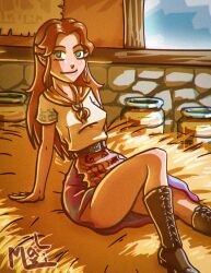 barn blue_eyes boots brown_hair farm farmgirl long_hair lonlon_ranch lonlonmilk majora's_mask malon maximaldraws nintendo nipple_bulge no_bra ocarina_of_time pokies romani skirt the_legend_of_zelda