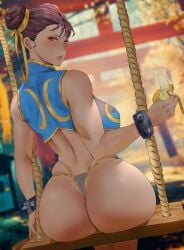 1girls 2022 araneesama artist_signature ass ass_focus ass_shot back back_view banana breasts brown_eyes brown_hair bubble_butt capcom chun-li cutesexyrobutts_(style) female female_only food hi_res holding_object huge_ass huge_breasts looking_at_viewer looking_back looking_over_shoulder panties short_hair sideboob street_fighter street_fighter_alpha twin_buns