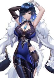 1girls absurdres bangs bare_shoulders big_breasts black_hair black_pants blue_dress blue_hair blush bob_cut breasts cleavage cleavage_cutout clothing_cutout diagonal_bangs dress earrings eternity_(shadeh) female female_only fur-trimmed_jacket fur_trim genshin_impact gloves green_eyes highres jacket jewelry large_breasts long_sleeves looking_at_viewer multicolored_hair neck_ring pelvic_curtain short_hair tassel thighs two-tone_hair white_background white_jacket yelan_(genshin_impact)