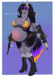 1girls akira_taia anthro big_breasts bikini black_hair blep boots breasts canid canine canis cleavage clothed clothing erect_nipples female footwear fur gun hair hi_res high_heels hybrid jackal looking_at_viewer mammal nipple_piercing nipples orange_body orange_eyes orange_fur orange_hair piercing pregnant pregnant_female purple_body purple_fur purple_hair ranged_weapon simple_background skimpy sly_shadex solo swimwear thick_thighs tongue tongue_out topwear weapon werewolf werewolf_girl