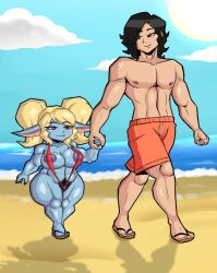 1boy 1girls anotherrider beach big_breasts blue_fur feet female g-string hairy_pussy hand_holding huge_areolae huge_breasts huge_nipples league_of_legends male muscular_female muscular_male poppy sandals shortstack smug_face swimsuit twintails yordle