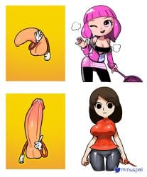 2girls badminton badminton_racket black_legwear breasts brown_hair cameltoe cleavage disembodied_penis dot_eyes drake_meme emotionless erection flaccid giant_breasts guest_f humor large_breasts meme mii minus8 mob_face navel neutral_expression nintendo nintendo_switch_sports one_eye_closed pants penis pink_eyes pink_hair red_shirt skin_tight solid_circle_eyes sportsmate sportswear steaming_body sweat switch_sports waving wii wii_sports wink