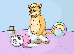 absurd_res anthro baby clothed clothed/nude clothing cub cyrusthecat domestic_cat duo eye_contact felid feline felis female fur hi_res kneeling lion looking_at_another looking_pleasured lying lying_on_ground male male/female mammal nude open_mouth pantherine penetration sex shirt t-shirt tongue topwear toy vaginal_penetration white_body white_fur yellow_body yellow_fur young