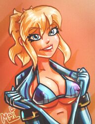 bikini blonde_hair bodysuit bra latex_bodysuit maximaldraws metroid nintendo ponytail presenting samus_aran tomboy underwear undressed unzipped unzipped_bodysuit unzipped_zero_suit zero_suit zero_suit_samus