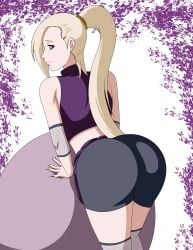 1girls ass behind_view bent_over bike_shorts blonde_hair blue_eyes boruto:_naruto_next_generations bubble_butt clothed clothed_female clothes clothing dat_ass dress_lift elmonais female female_only fishnets fully_clothed hair_over_one_eye ino_yamanaka long_hair looking_at_viewer looking_back milf naruto naruto_(series) naruto_shippuden ponytail posing short_shorts shorts solo tied_hair