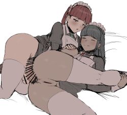 1futa 1girls anal balls bangs big_penis black_hair bottomless breast_grab breasts censored clothed clothing dark-skinned_female dark_skin duo female futa_on_female futadom futanari human interracial light-skinned_futanari light_skin long_hair maid on_side one_breast_out partially_clothed penis pussy red_hair sex twintails wink yukidaruma