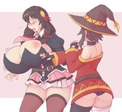 2girls big_breasts bottom_heavy breast_envy breasts clothed clothed_female color colored duo female female_focus female_only fully_clothed huge_breasts human kittenboogers kono_subarashii_sekai_ni_shukufuku_wo! large_breasts megumin multiple_girls simple_background slap small_breasts will_smith_slap yunyun_(konosuba)