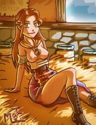 barn blue_eyes breasts farm farmgirl leaning_back lonlonmilk malon maximaldraws nintendo nipples ocarina_of_time red_hair skirt the_legend_of_zelda topless