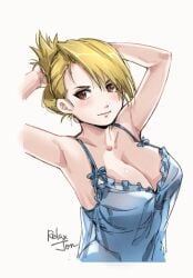 1girls armpits arms_up artist_name blonde_hair blue_nightgown breasts brown_eyes cleavage closed_mouth collarbone female female_only folded_ponytail frills fullmetal_alchemist hair_over_one_eye hands_in_hair large_breasts looking_at_viewer negligee nightgown relaxjon riza_hawkeye short_hair simple_background smile solo spaghetti_strap upper_body white_background