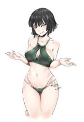 1girls :q artist_name bangs bare_arms bare_shoulders bikini black_hair blunt_bangs blush breasts cleavage cleavage_cutout closed_mouth clothing_cutout collarbone commentary_request cowboy_shot female fubuki_(one-punch_man) green_bikini green_eyes hands_up large_breasts looking_at_viewer navel one-punch_man relaxjon short_hair simple_background solo stomach swimsuit thighs tongue tongue_out w_arms white_background