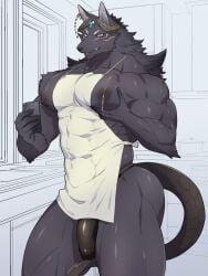 3_eyes aaassstaro abs anthro apron blush bodily_fluids bulge canid canine canis clothing ear_piercing ear_ring genital_outline heian_(aaassstaro) hi_res holding_object holding_phone huge_pecs kitchen lactating male male_lactation male_only mammal multi_eye muscular muscular_anthro muscular_male penis_outline phone piercing scales selfie smile solo thick_thighs thong underwear wolf